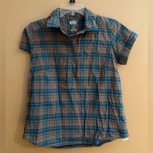 REI plaid women’s half button down shirt XS